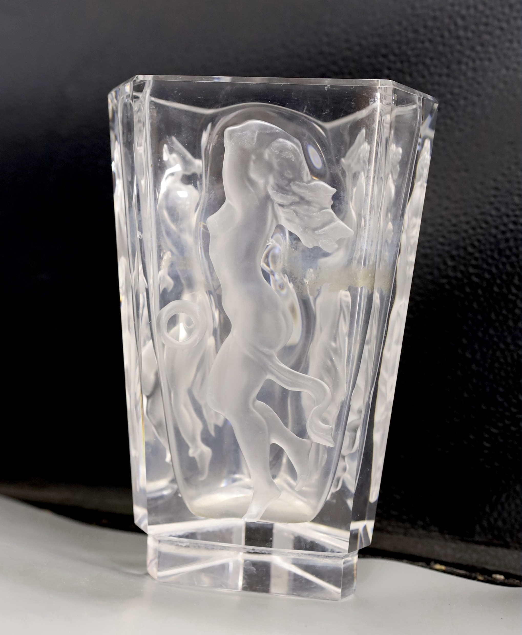 A Czech Bohemian frosted glass vase and a Bristol blue decanter, decanter 30cms high